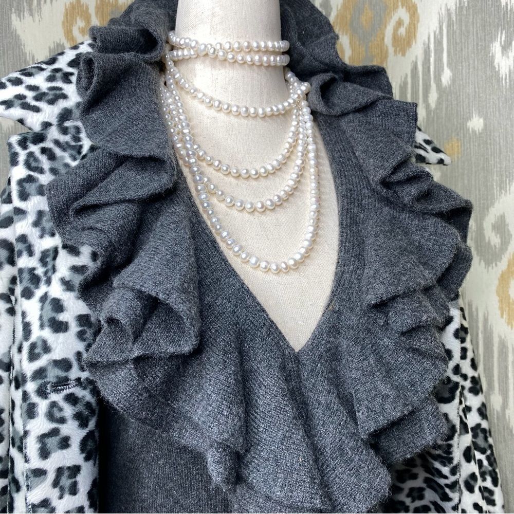Ralph Lauren Charcoal Gray Cashmere Ruffle Front Cardigan Sweater